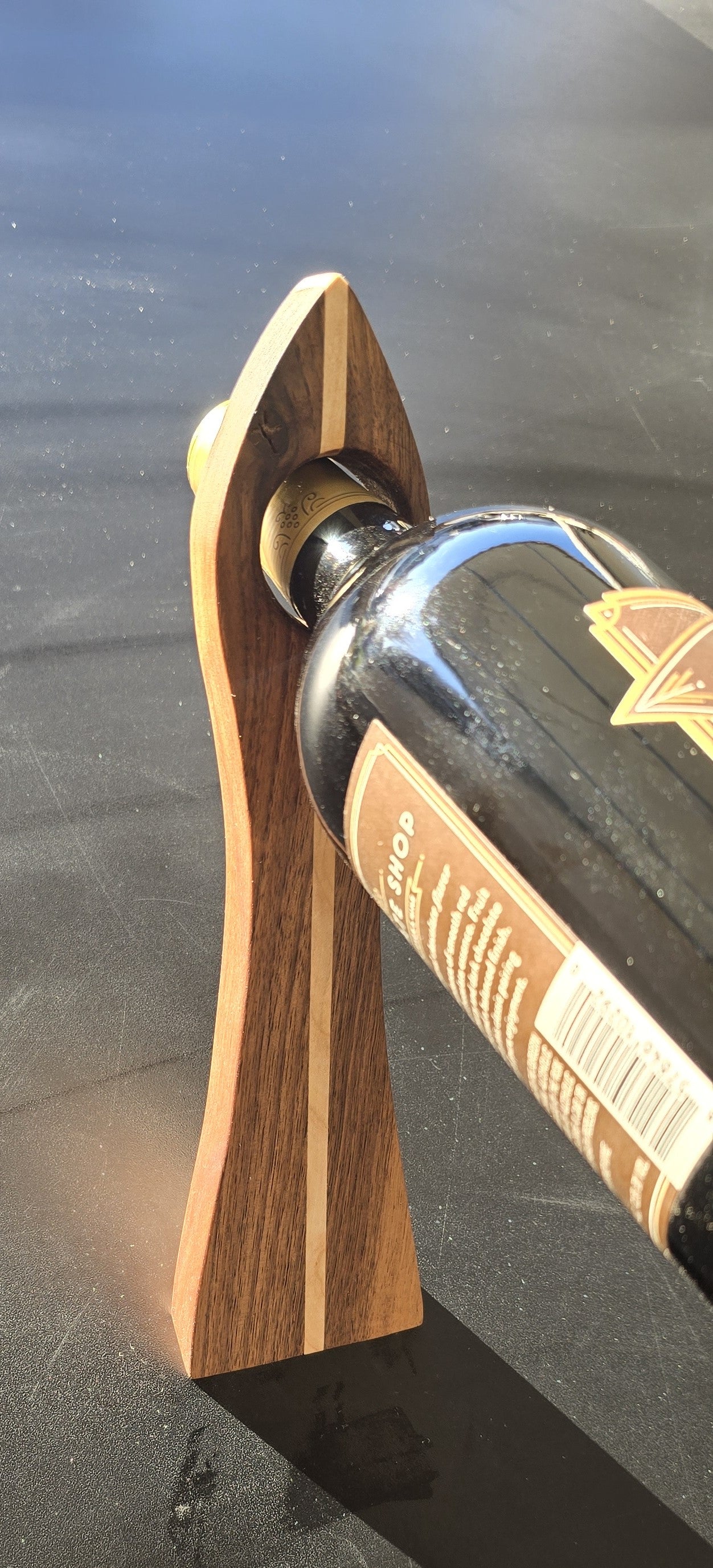 Custom Handmade Balancing Wine Bottle Holder – Walnut with maple Inlay