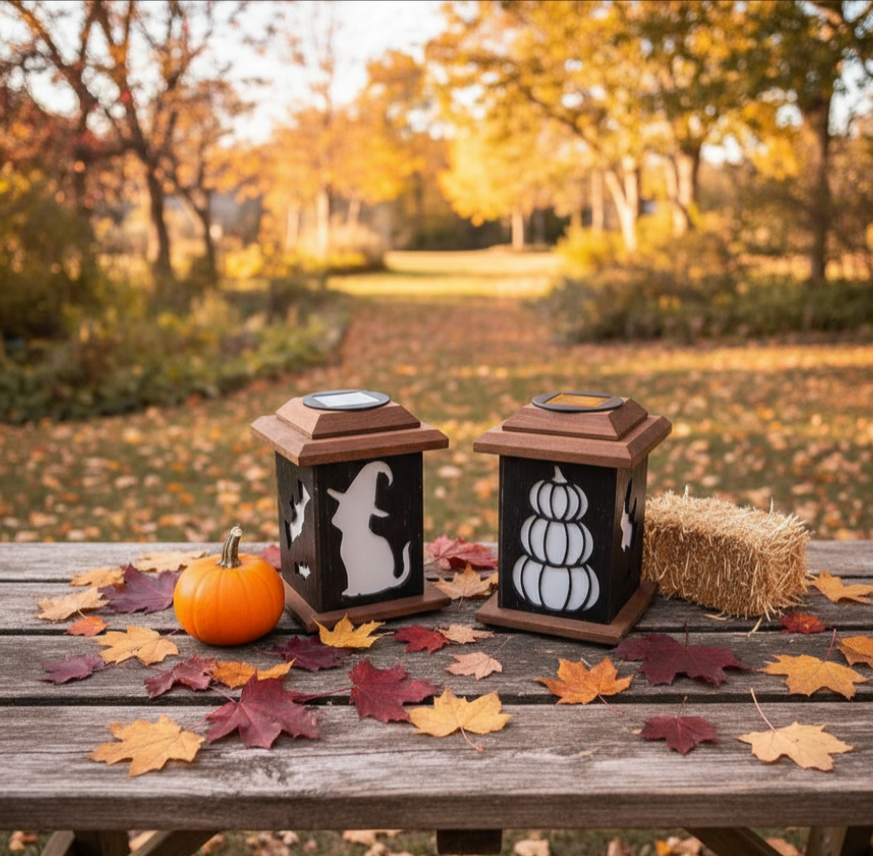 Handcrafted Halloween Solar Cedar Lantern with LED Glow