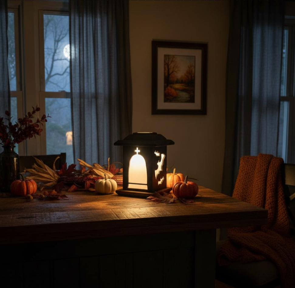 Handcrafted Halloween Solar Cedar Lantern with LED Glow