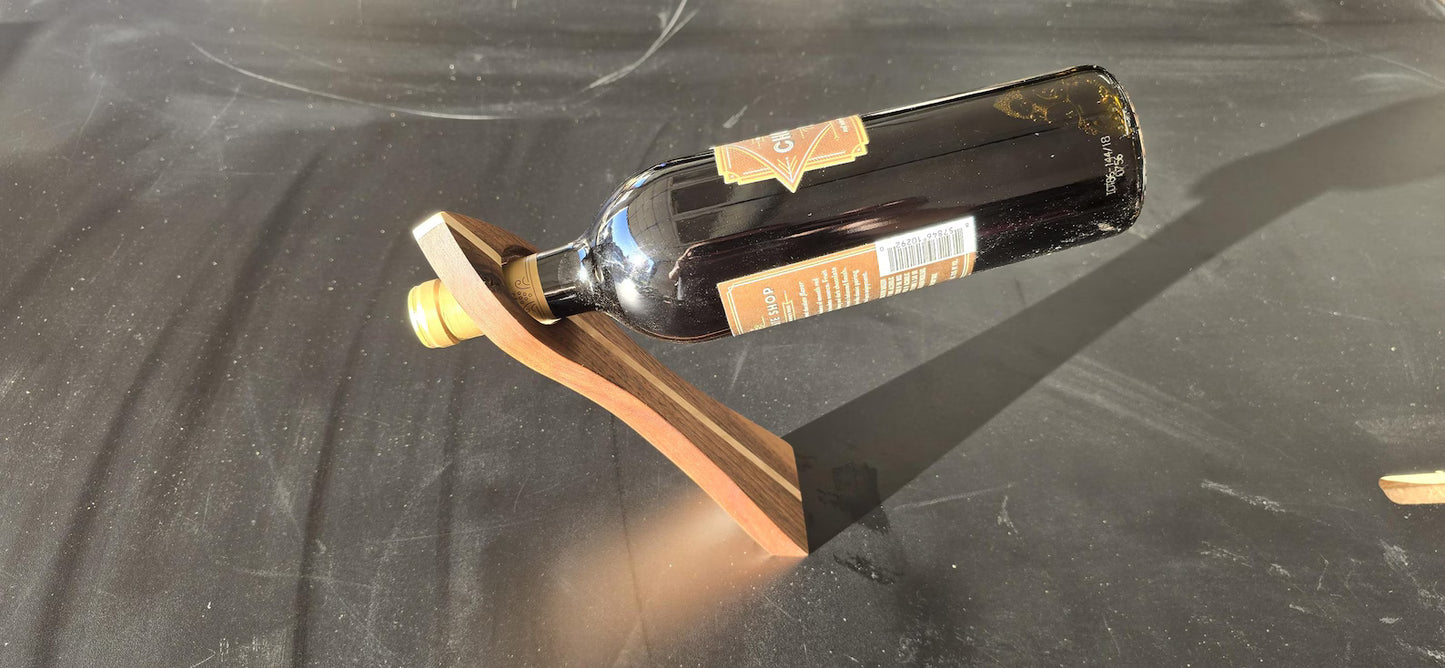 Custom Handmade Balancing Wine Bottle Holder – Walnut with maple Inlay